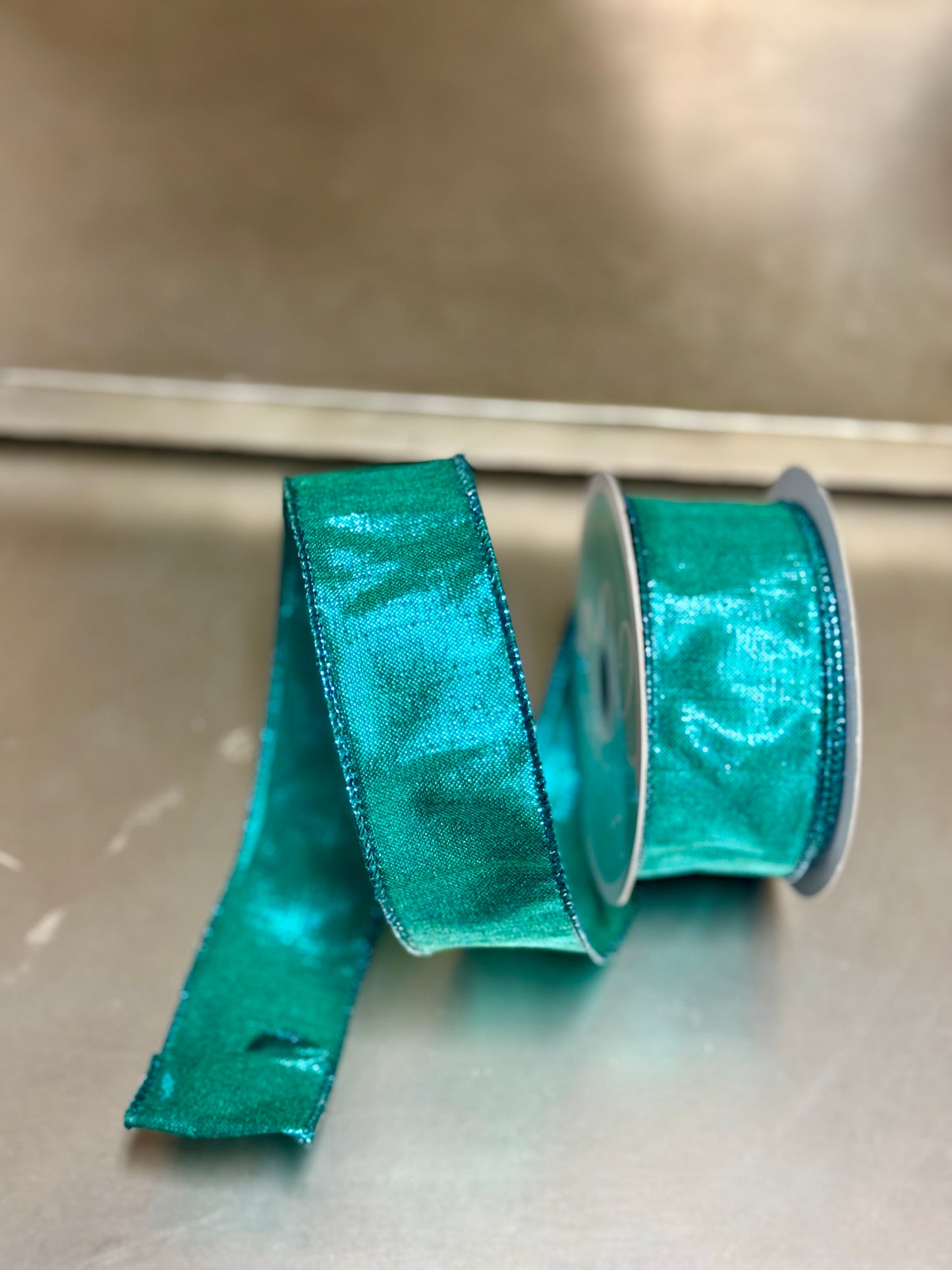 1.5 Inch By 10 Yard Turquoise Metallic Dupioni Ribbon