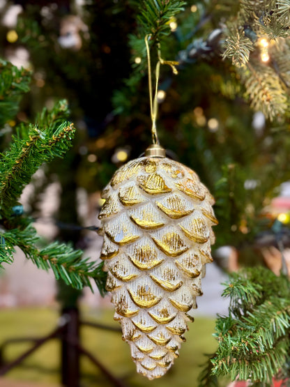 8 Inch Cream And Gold Metallic Pinecone Ornament