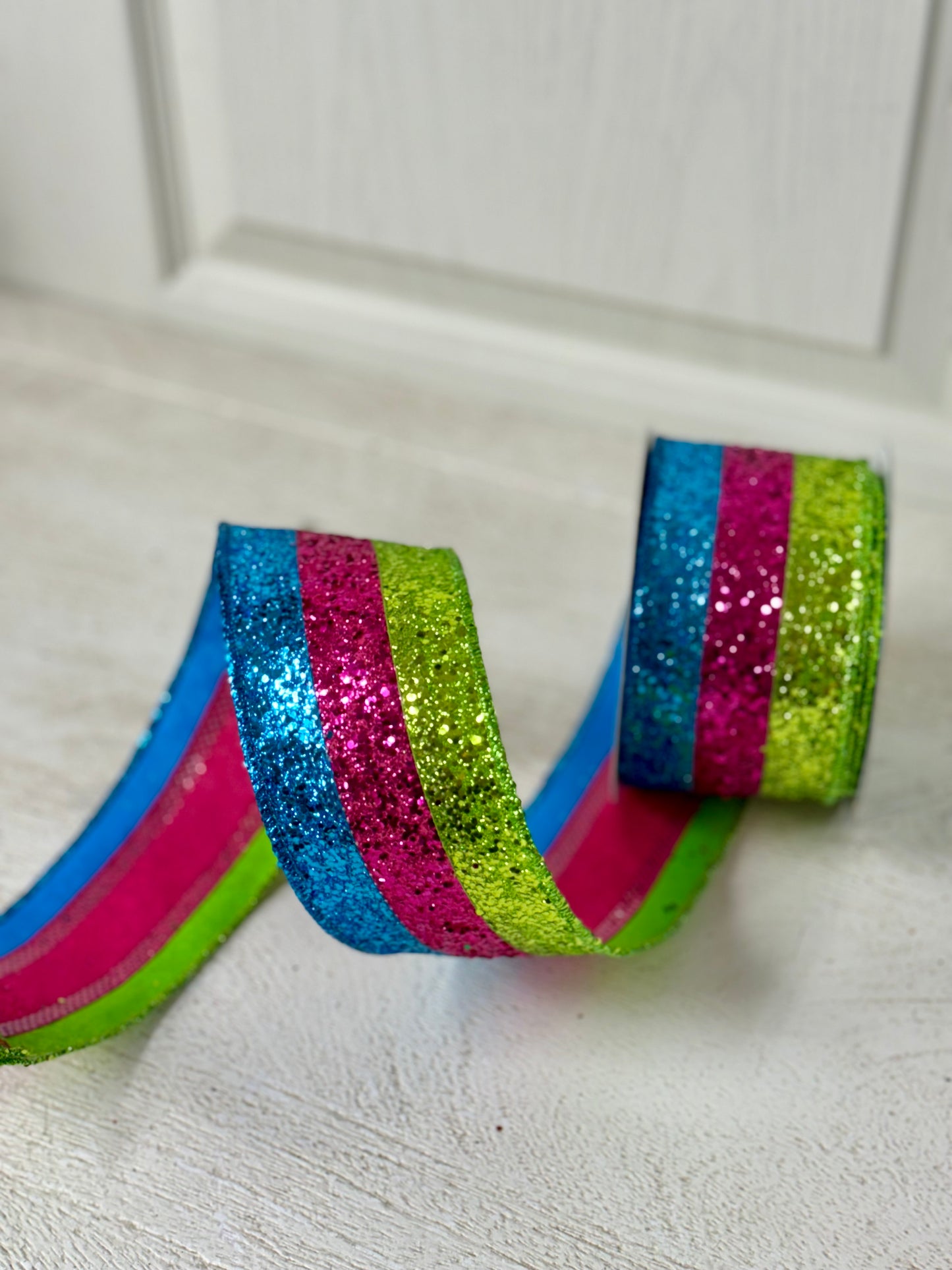 2.5 Inch By 10 Yard Turquoise, Fuchsia, Lime Striped Glitter Ribbon