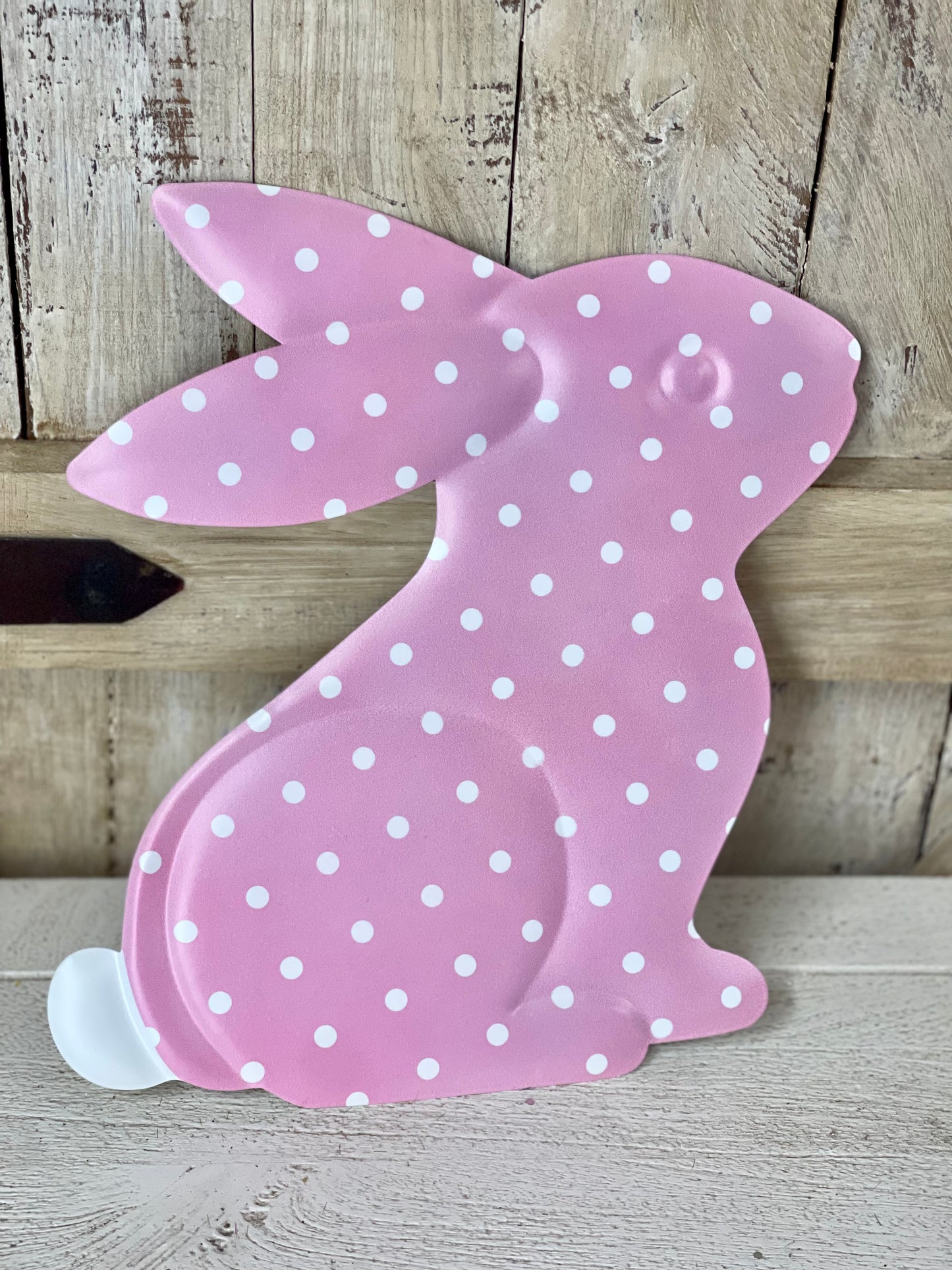 Metal Pink And White Polka Dot Sitting Bunny Sign