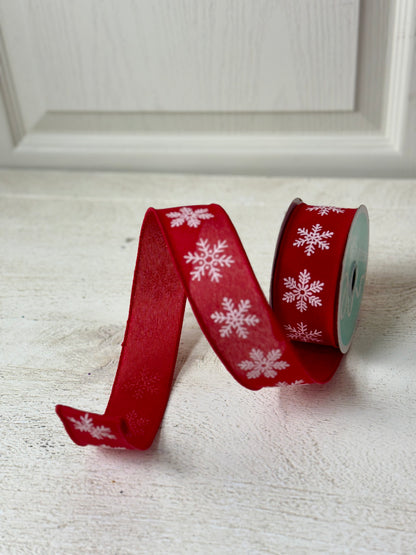 1.5 Inch By 10 Yard Red And White Snowflake Ribbon