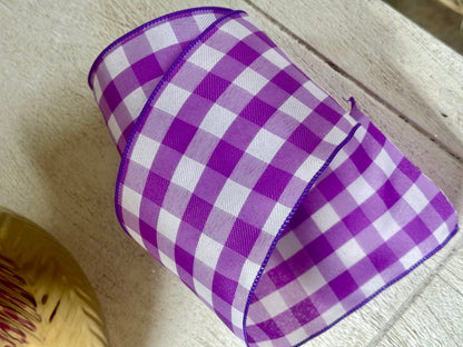 4 Inch By 10 Yard Purple And White Celine Check Plaid Ribbon