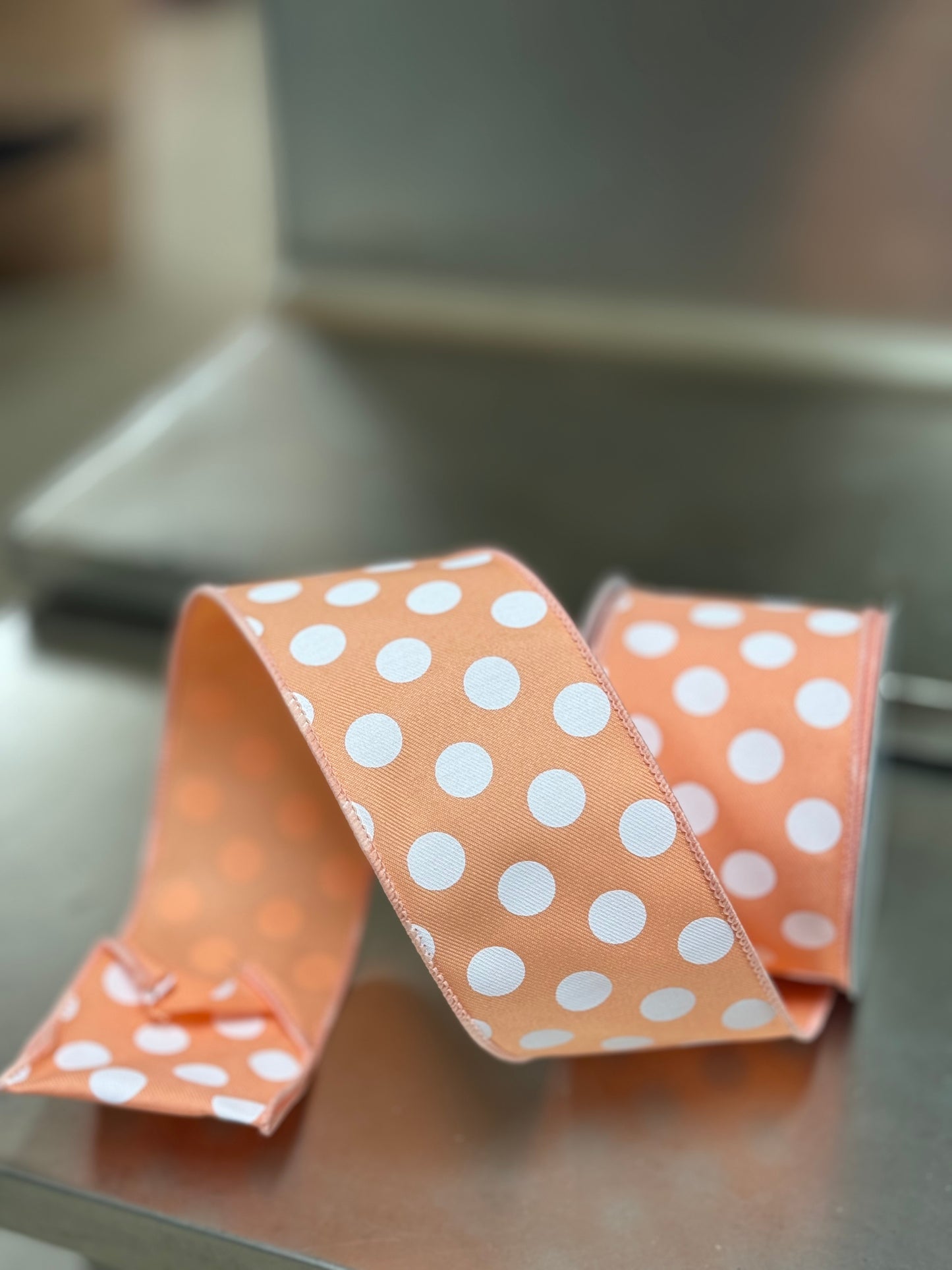 2.5 Inch By 10 Yard Peach And White Polka Dot Ribbon