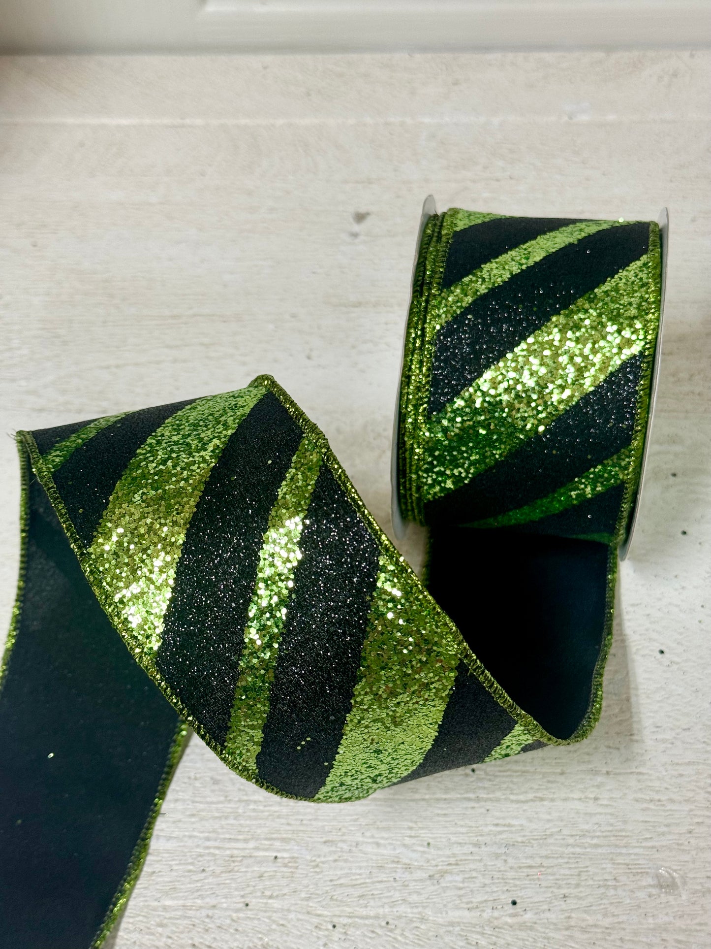 2.5 Inch By 10 Yard Lime Green And Black Large Striped Glitter Ribbon