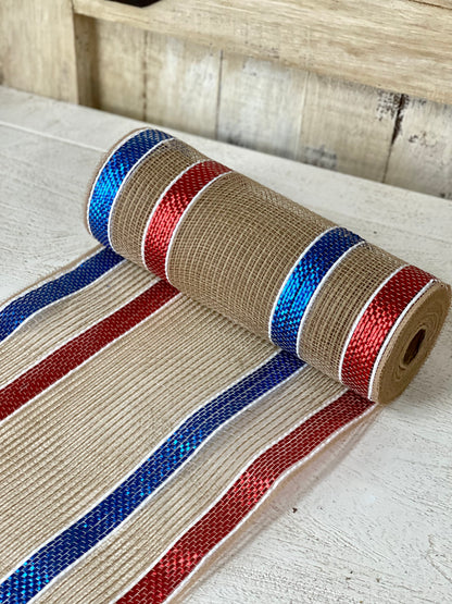 10.25 Inch By 10 Yard Red White Blue And Burlap Stripe Netting