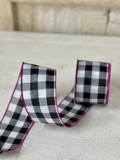 2.5 Inch By 10 Yard Black And White Check With Fuchsia Edging Ribbon