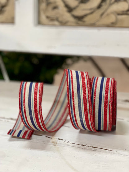 1.5 Inch By 10 Yard Red Blue And Natural Vertical Stripe Ribbon