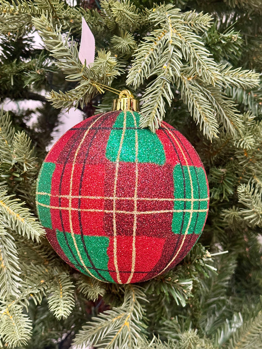 6 Inch Traditional Christmas Plaid Glitter Ornament Ball