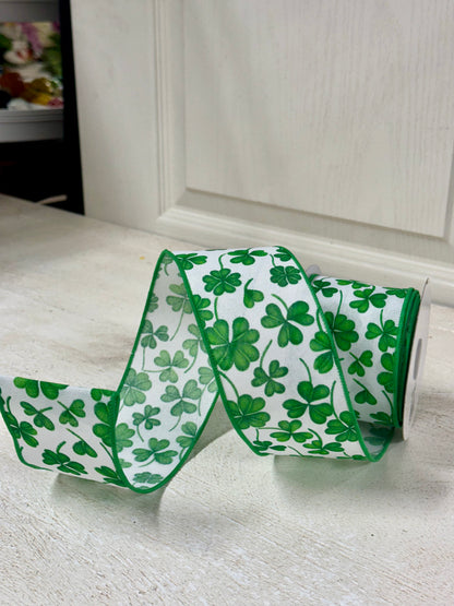 2.5 Inch By 10 Yard Green And White Shamrocks Ribbon