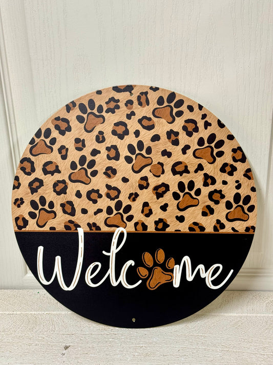 12 Inch Welcome Leopard Pawprint Metal Sign