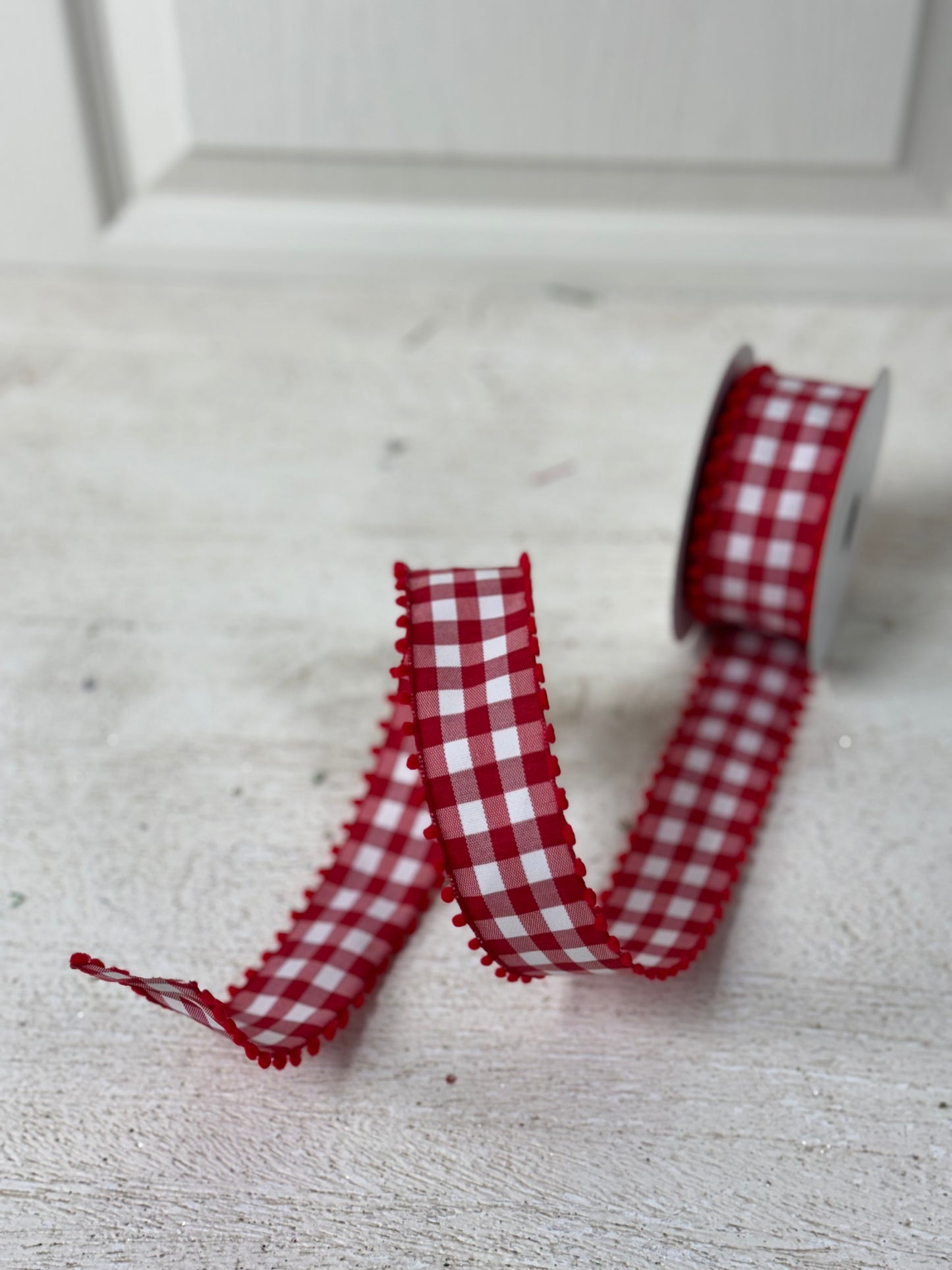 1.5 Inch By 10 Yard Red And White Gingham Check With Red Pom Pom Ribbon