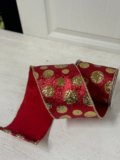 4 Inch By 10 Yard Red And Gold Glitter Giant Polka Dot Ribbon