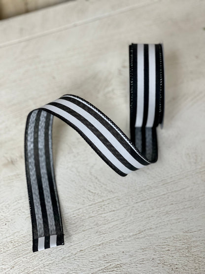 1.5 Inch By 10 Yard Black And White Cabana Striped Ribbon