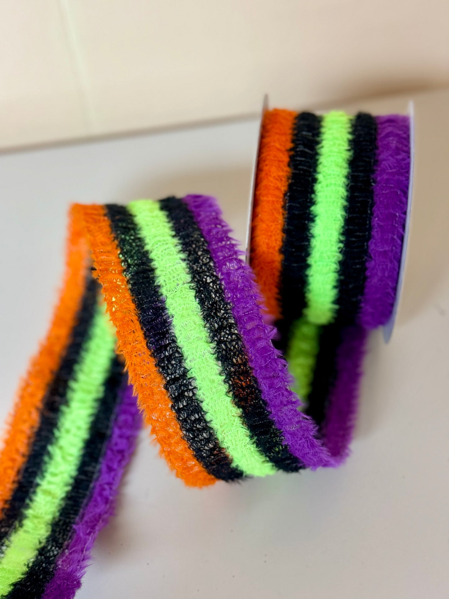 2.5 Inch By 10 Yard Black Green Orange And Purple Fuzzy Striped Ribbon