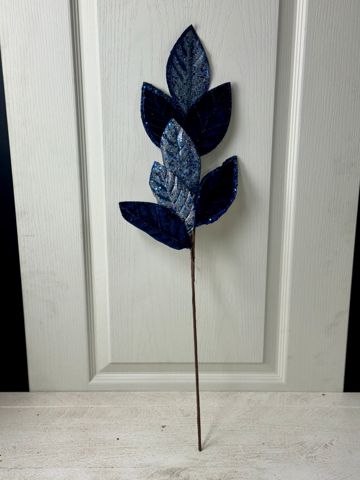 27 Inch Navy Blue Velvet And Glitter Magnolia Leaf Spray