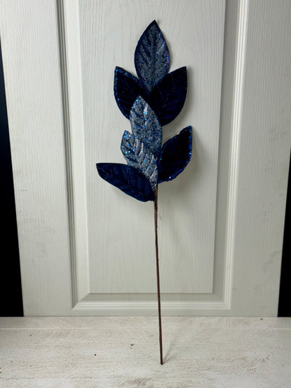 27 Inch Navy Blue Velvet And Glitter Magnolia Leaf Spray