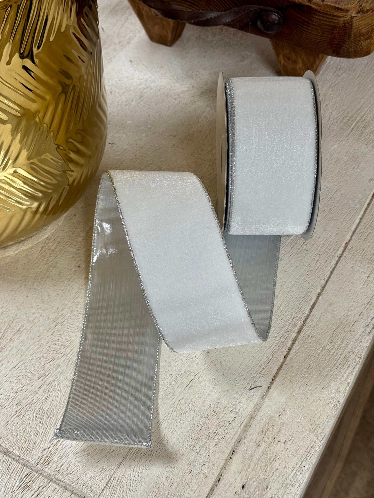 2.5 Inch By 10 Yard White And Silver Velvet Metallic Backing Ribbon
