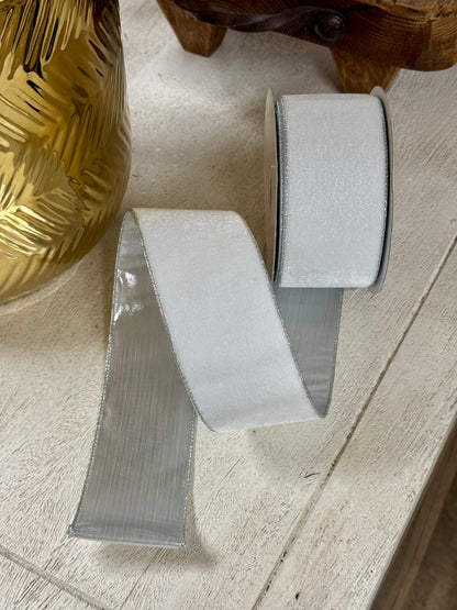2.5 Inch By 10 Yard White And Silver Velvet Metallic Backing Ribbon