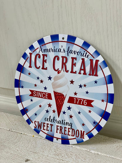 8 Inch Red White Blue Americas Favorite Ice Cream Metal Wreath Sign