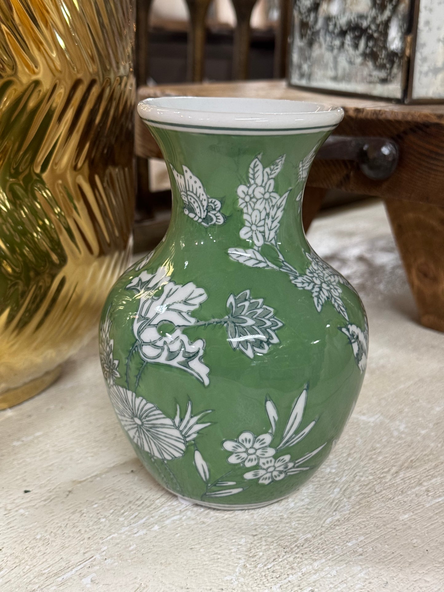 6 Inch Green And White Porcelain Vases With Nature Motifs Three Styles