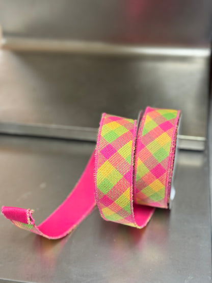 1.5 Inch By 10 Yard Hot Pink Lime And Yellow Woven Check Ribbon