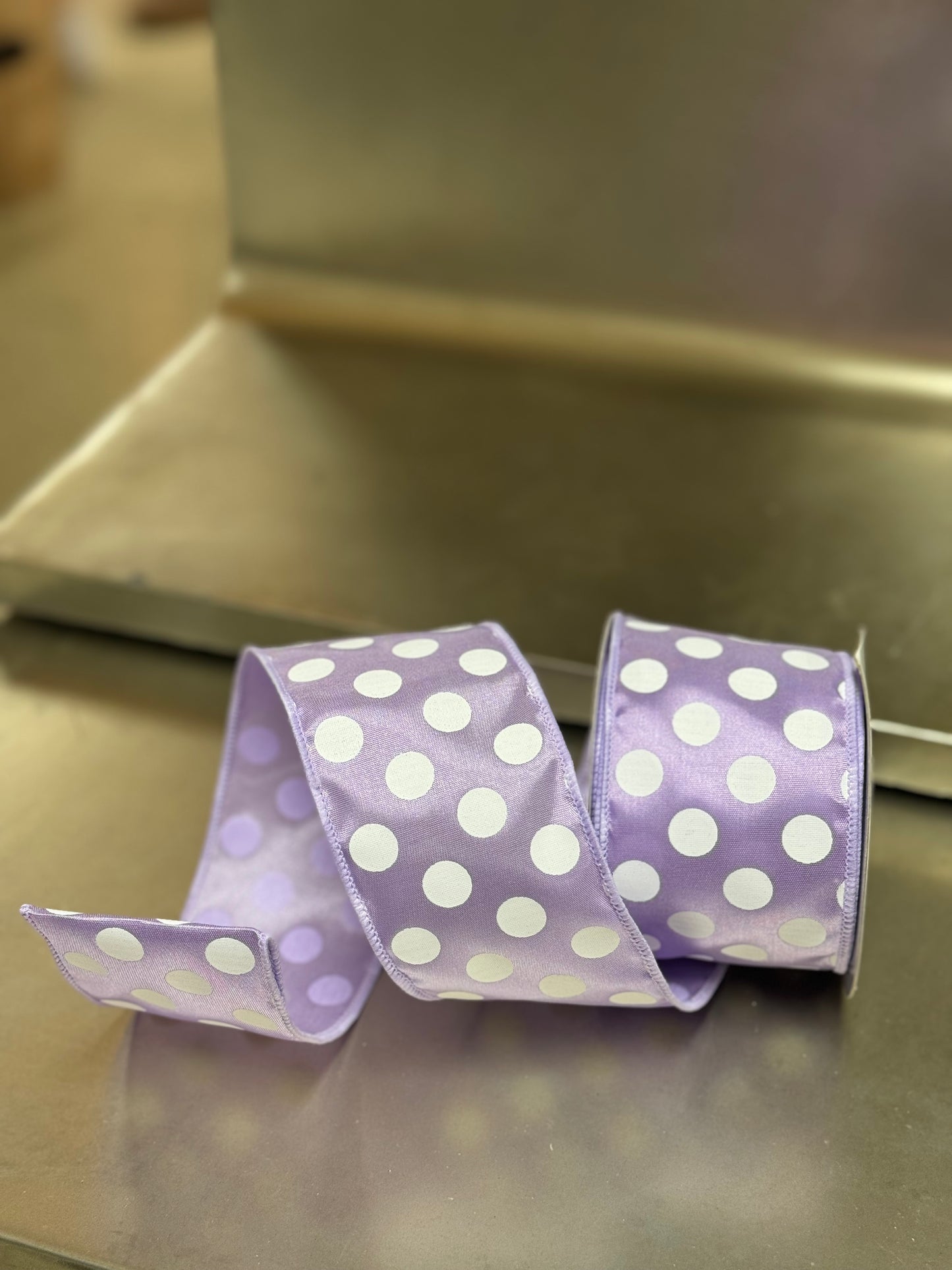 2.5 Inch By 10 Yard Lavender And White Polka Dot Ribbon