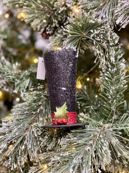 5.25 Inch Black Glitter Snowman Top Hat Ornament