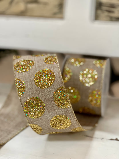 Natural Wired Ribbon With Large Gold Glittered Dots