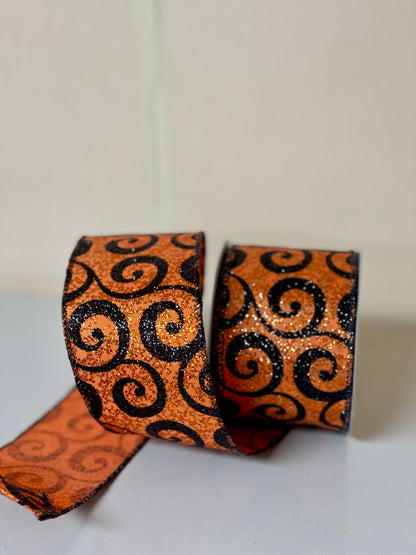 2.5 Inch By 10 Yard Orange With Black Glitter Swirls Ribbon