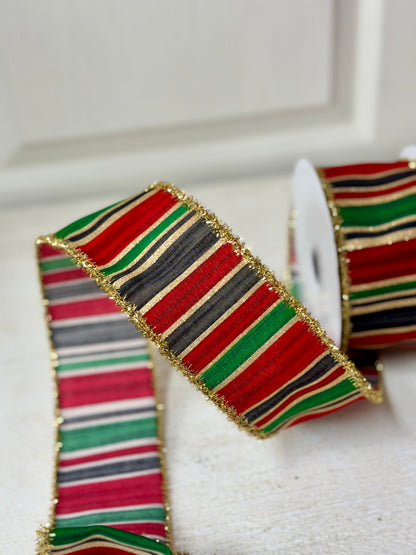 2.5 Inch By 10 Yard Red Black And Green Stripes With Gold Tinsel Ribbon