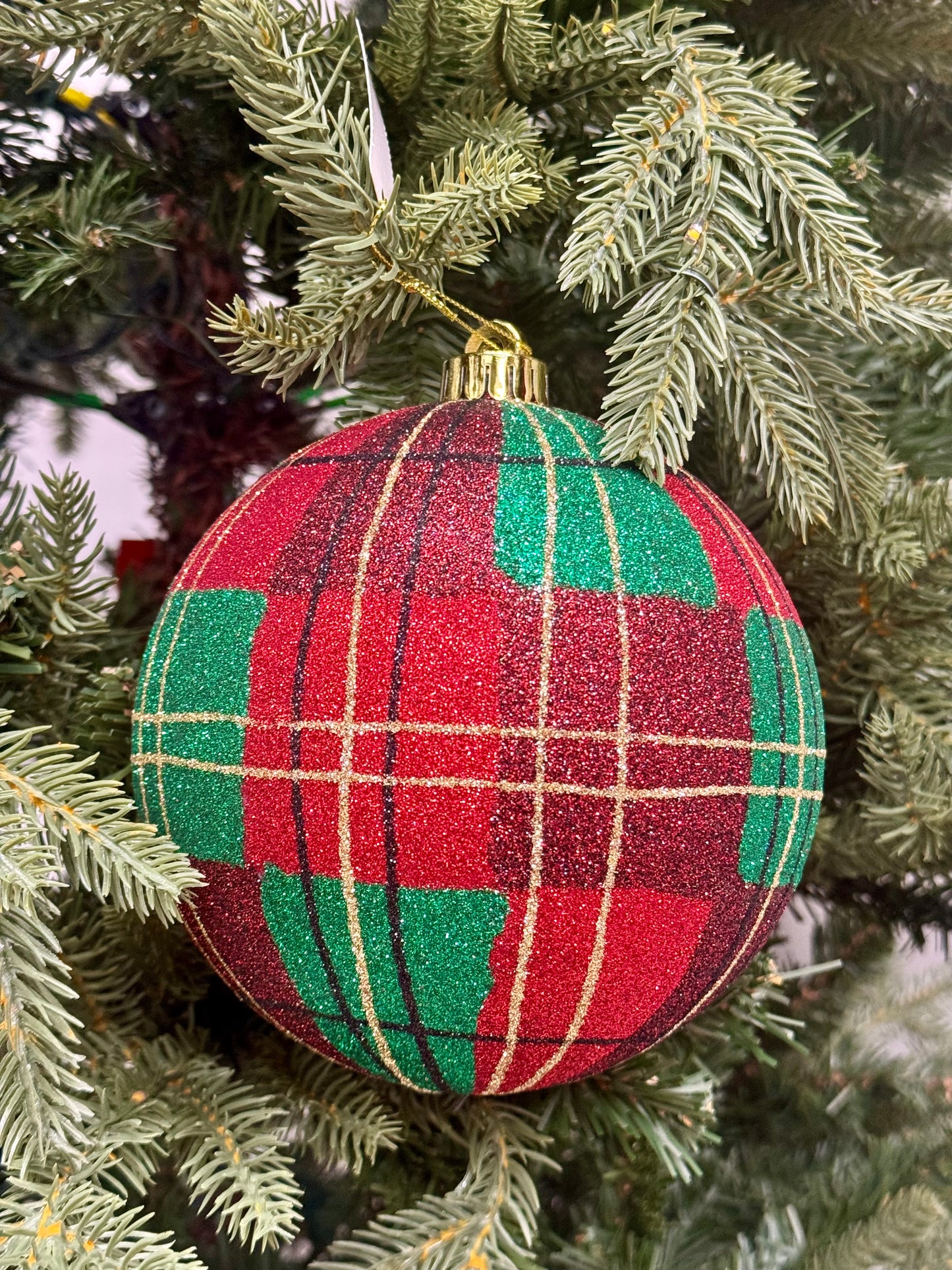 6 Inch Traditional Christmas Plaid Glitter Ornament Ball