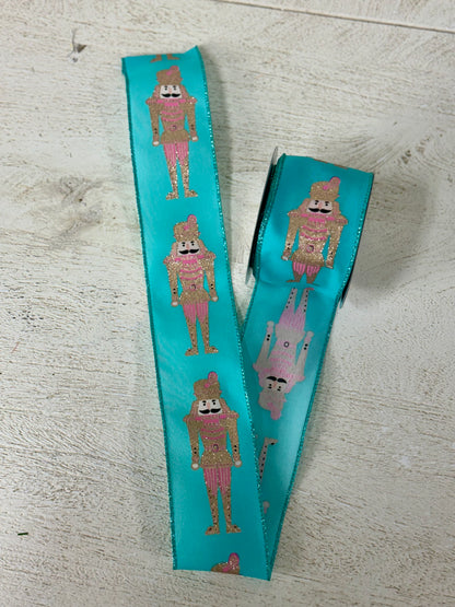 2.5 Inch By 10 Yard Teal Pink And Champagne Nutcracker Ribbon