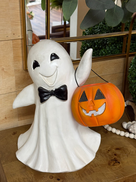 16 Inch Halloween Resin Ghost With Bow Tie And Jack O Lantern