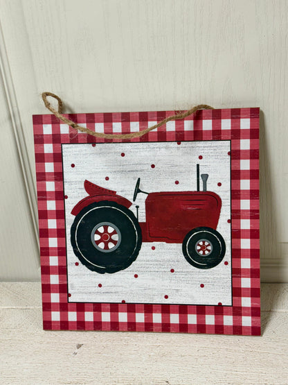 12 Inch Red Gingham Tractor Square Wooden Sign