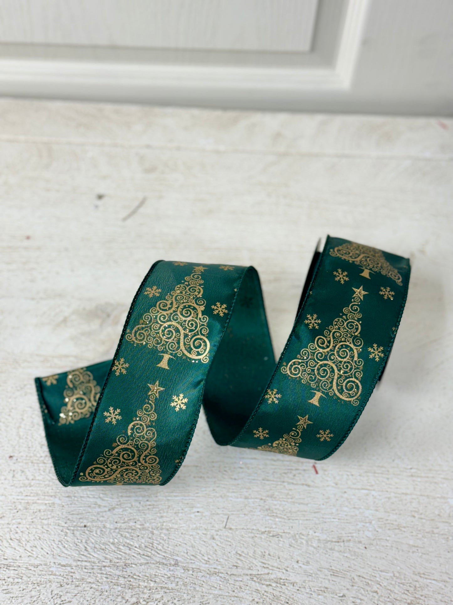 2.5 Inch By 10 Yard Hunter Green And Gold Christmas Tree Ribbon