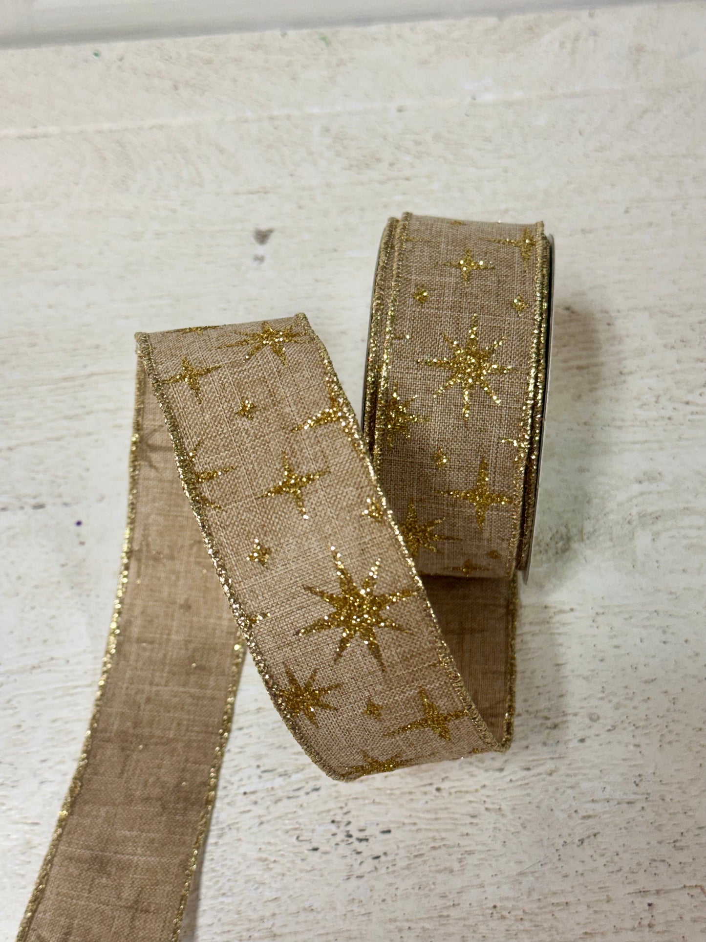 1.5 Inch By 10 Yard Natural And Gold Retro Stars Ribbon