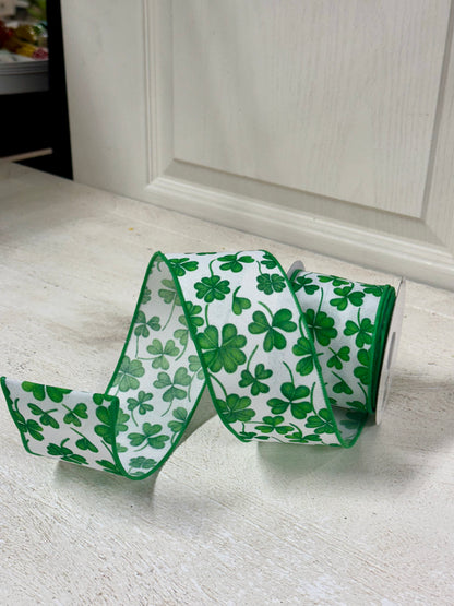 2.5 Inch By 10 Yard Green And White Shamrocks Ribbon