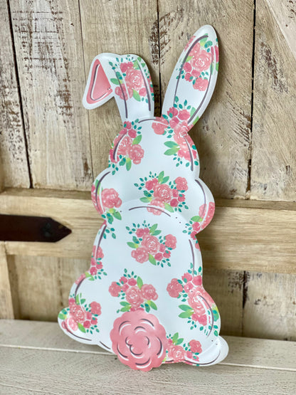 Pink Floral Metal Bunny Sign