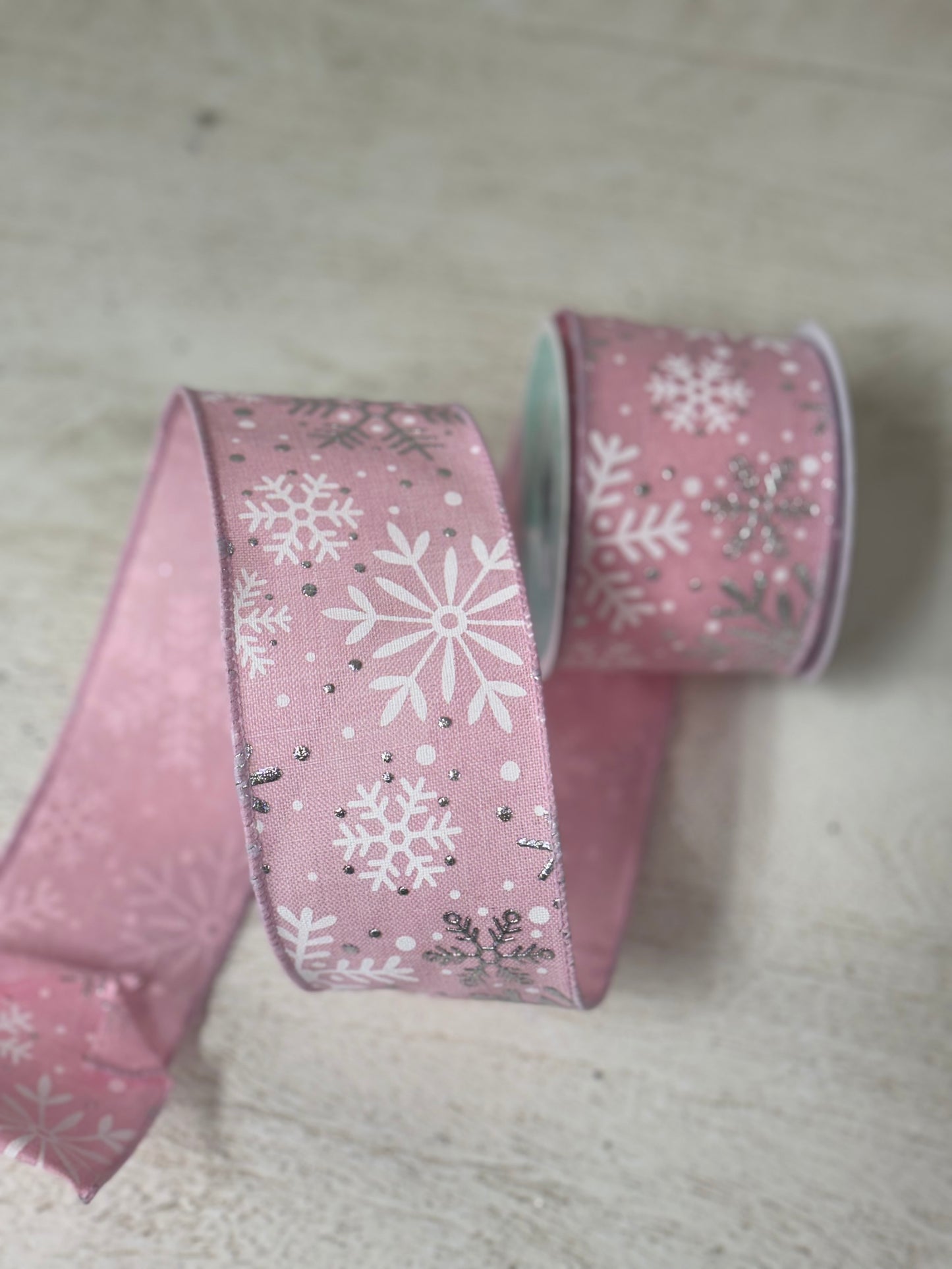 2.5 Inch By 10 Yard Light Pink Background With Snowflakes Ribbon