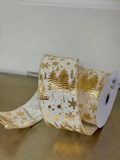 2.5 Inch By 10 Yard Dark Cream And Gold Pine Trees And Snowflakes Ribbon
