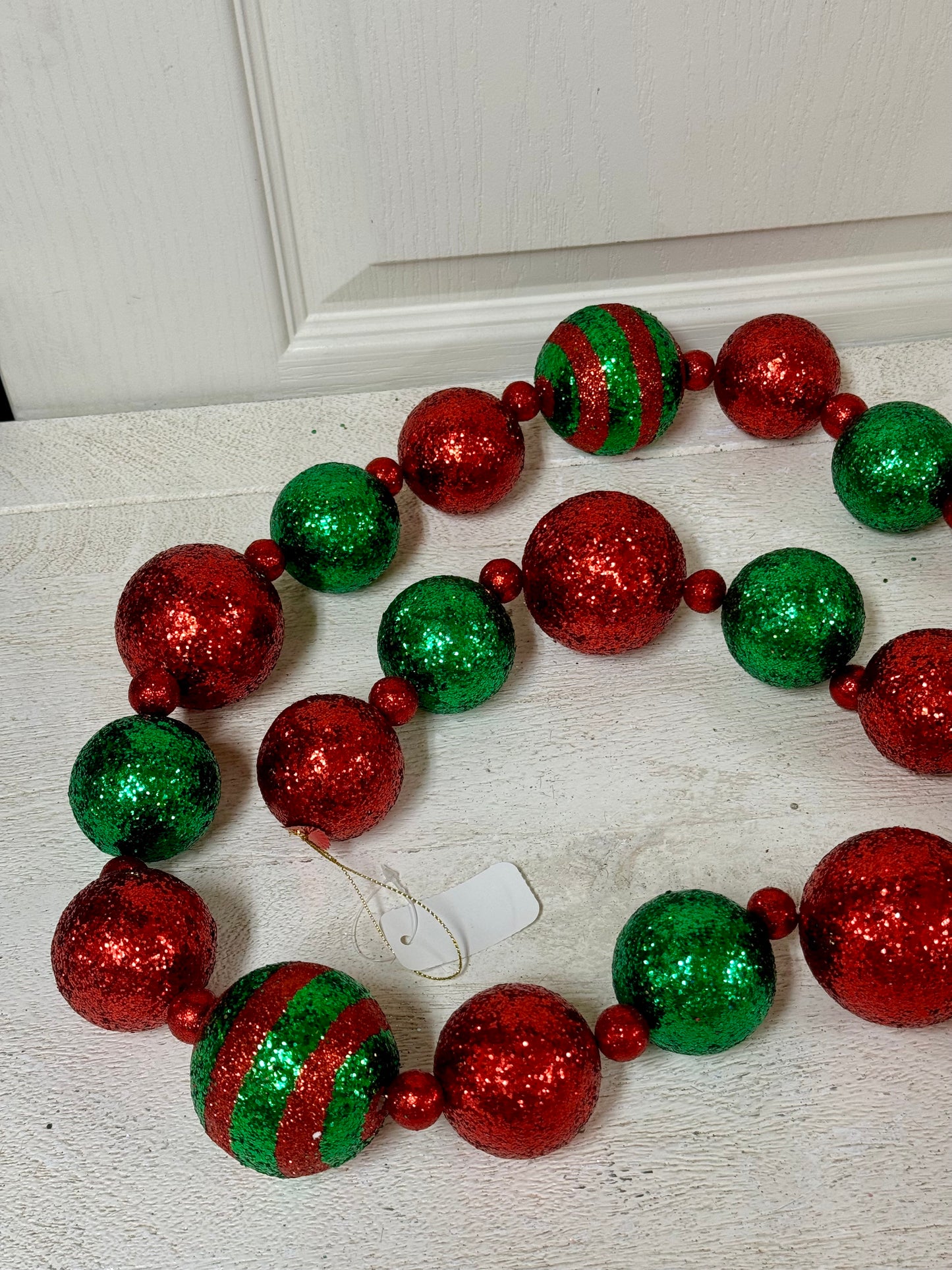 5 Foot Red And Emerald Green Glitter Stripe Ball Garland