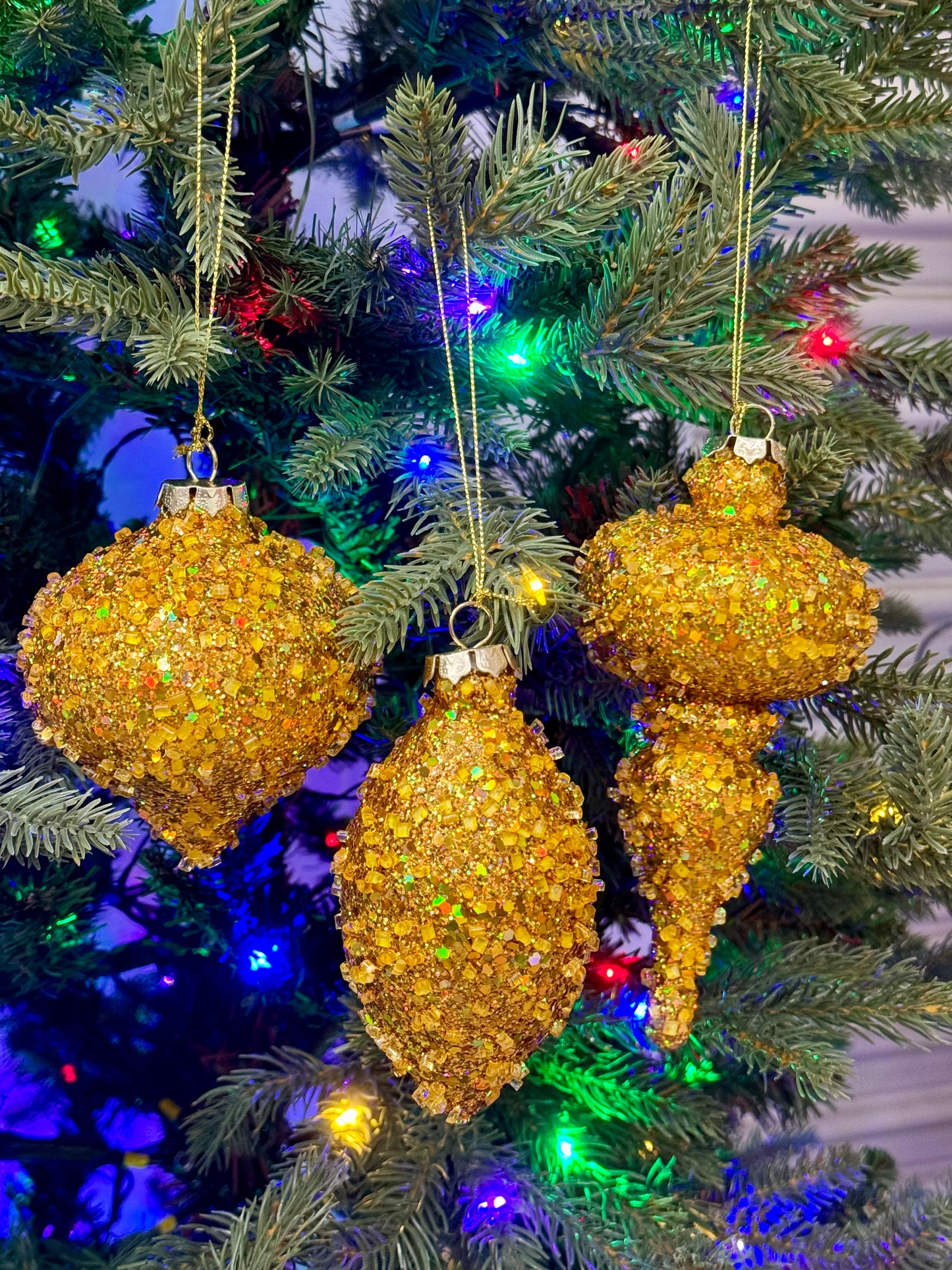 Gold Glitter Beaded Ornament Three Assorted