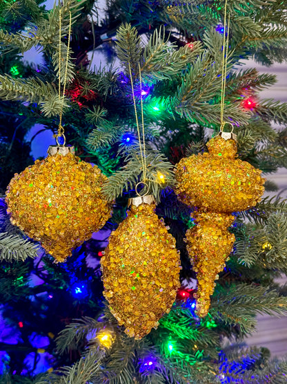 Gold Glitter Beaded Ornament Three Assorted
