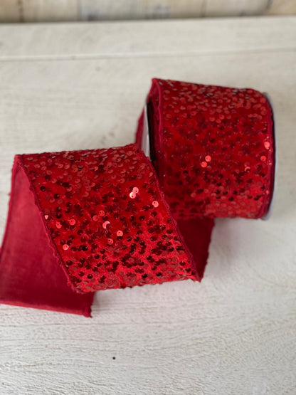 4 Inch By 10 Yard Red Velvet With Red Sequin Ribbon