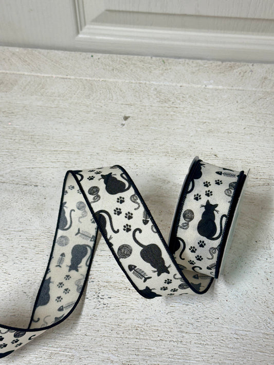 1.5 Inch By 10 Yard Cream And Black Cat Silhouettes Ribbon