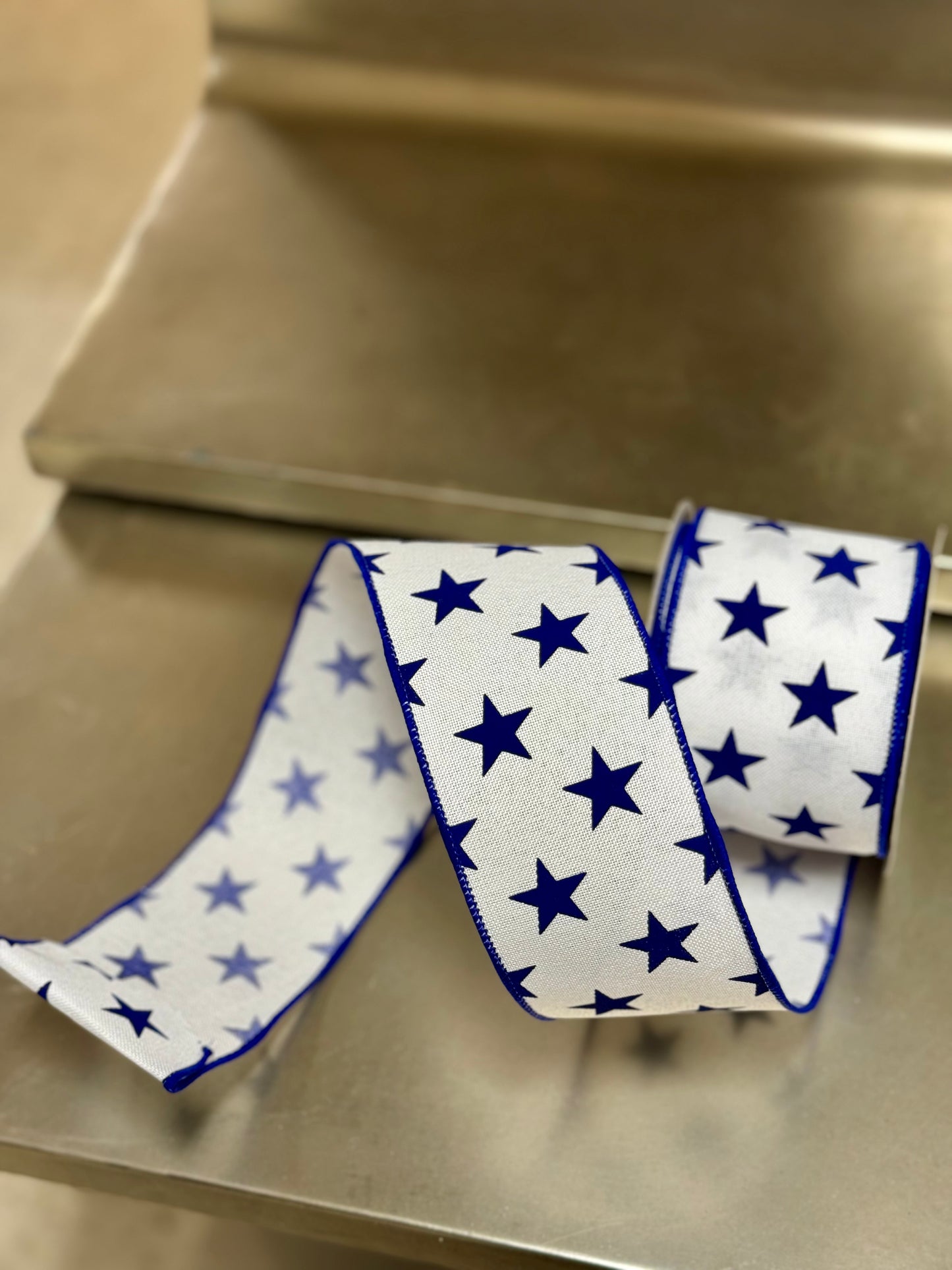 2.5 Inch By 10 Yard White And Navy Blue Stars Ribbon