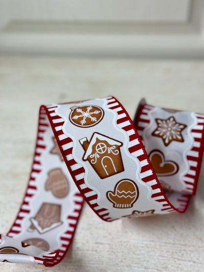 2.5 Inch By 10 Yard Red And White Gingerbread Cookies Ribbon