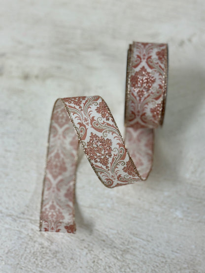 1.5 Inch By 10 Yard Champagne And Blush Pink Demask Ribbon