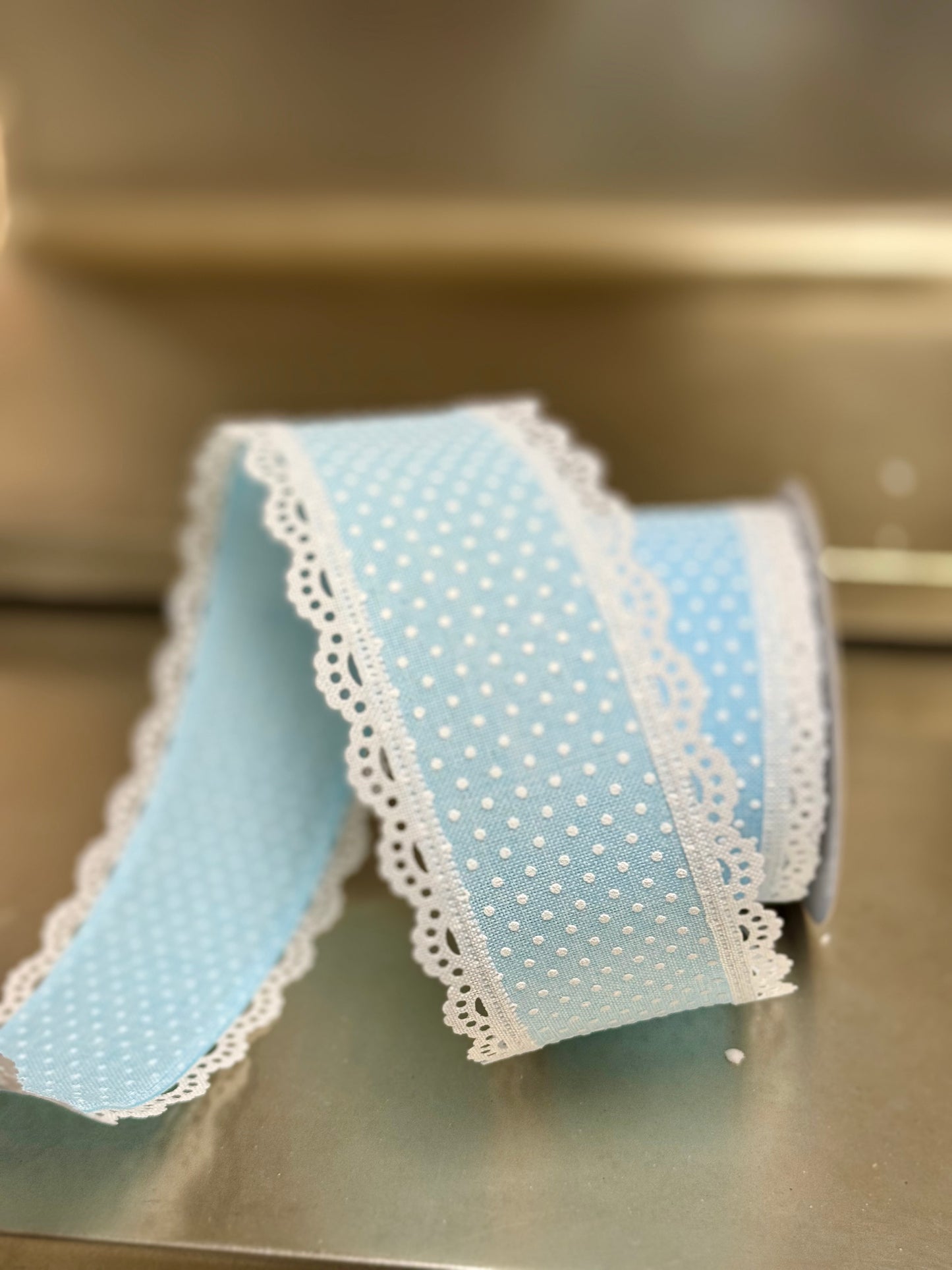 2.5 Inch By 10 Yard Pale Blue And White Ribbon With Lace Edging