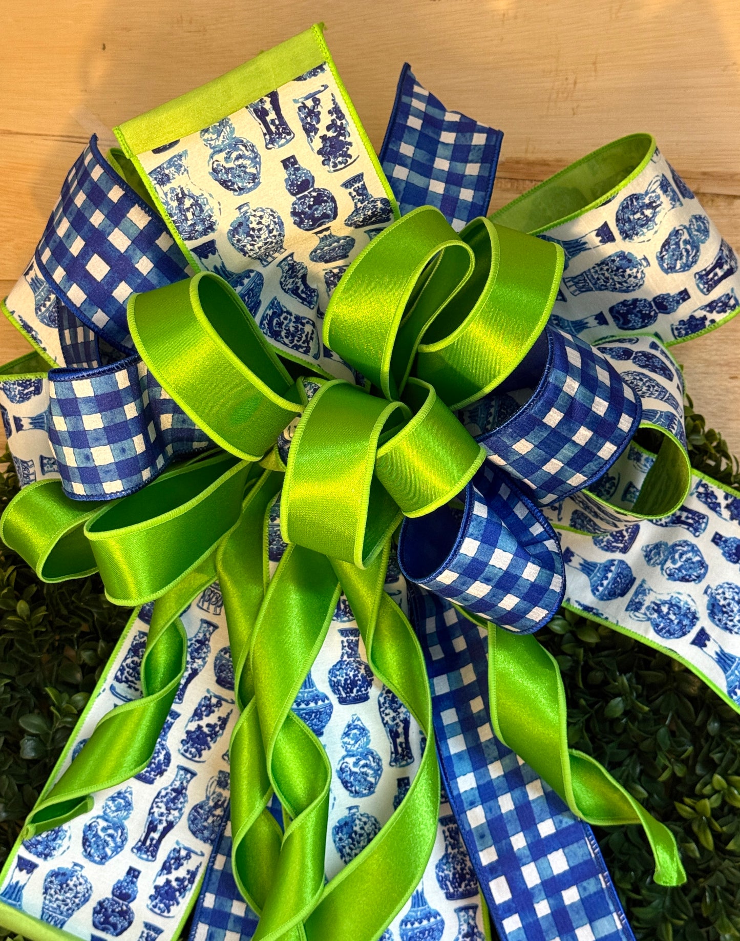 Sophie Blue Chinoserie And Green Premade Bow
